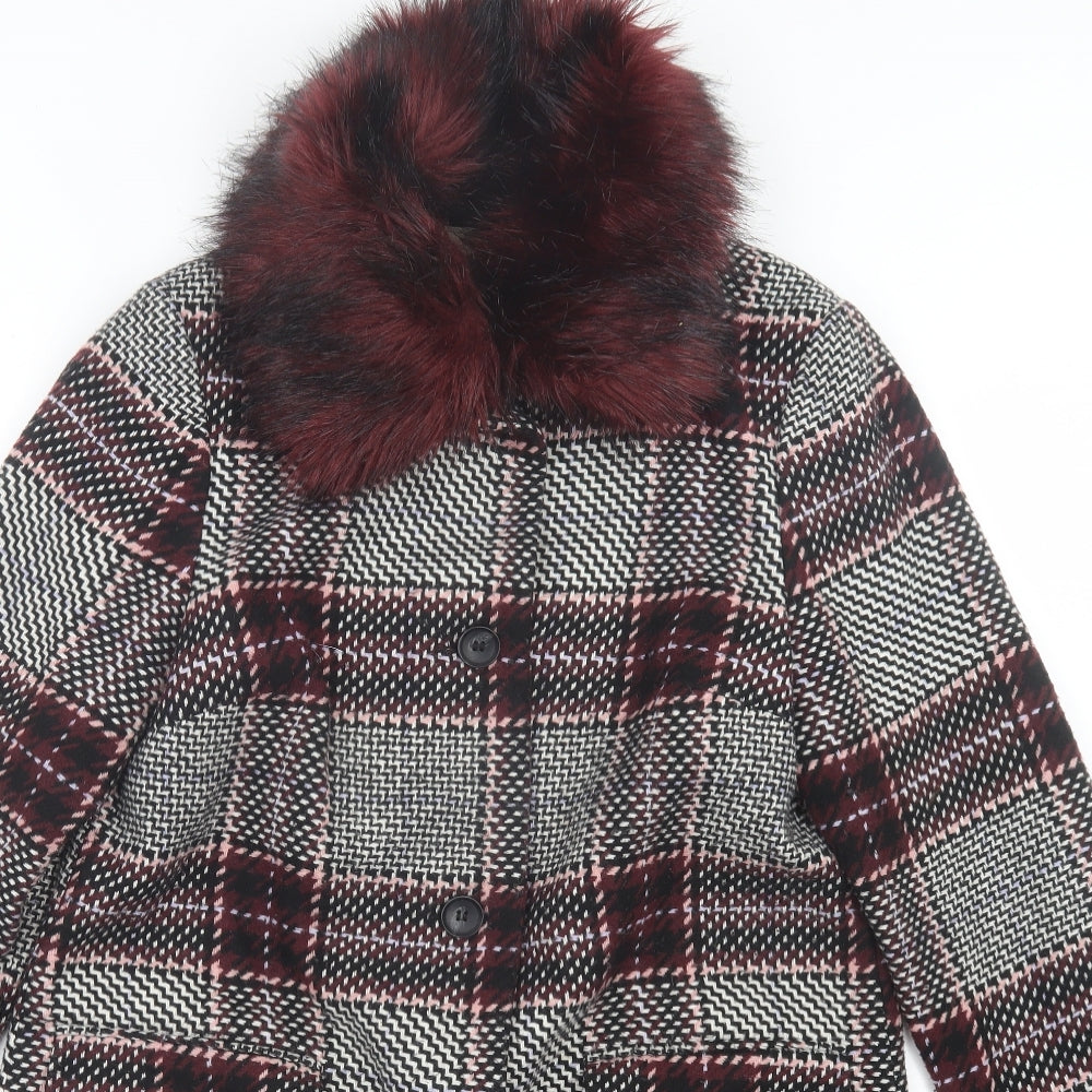 George Womens Red Plaid Overcoat Coat Size 14 Button