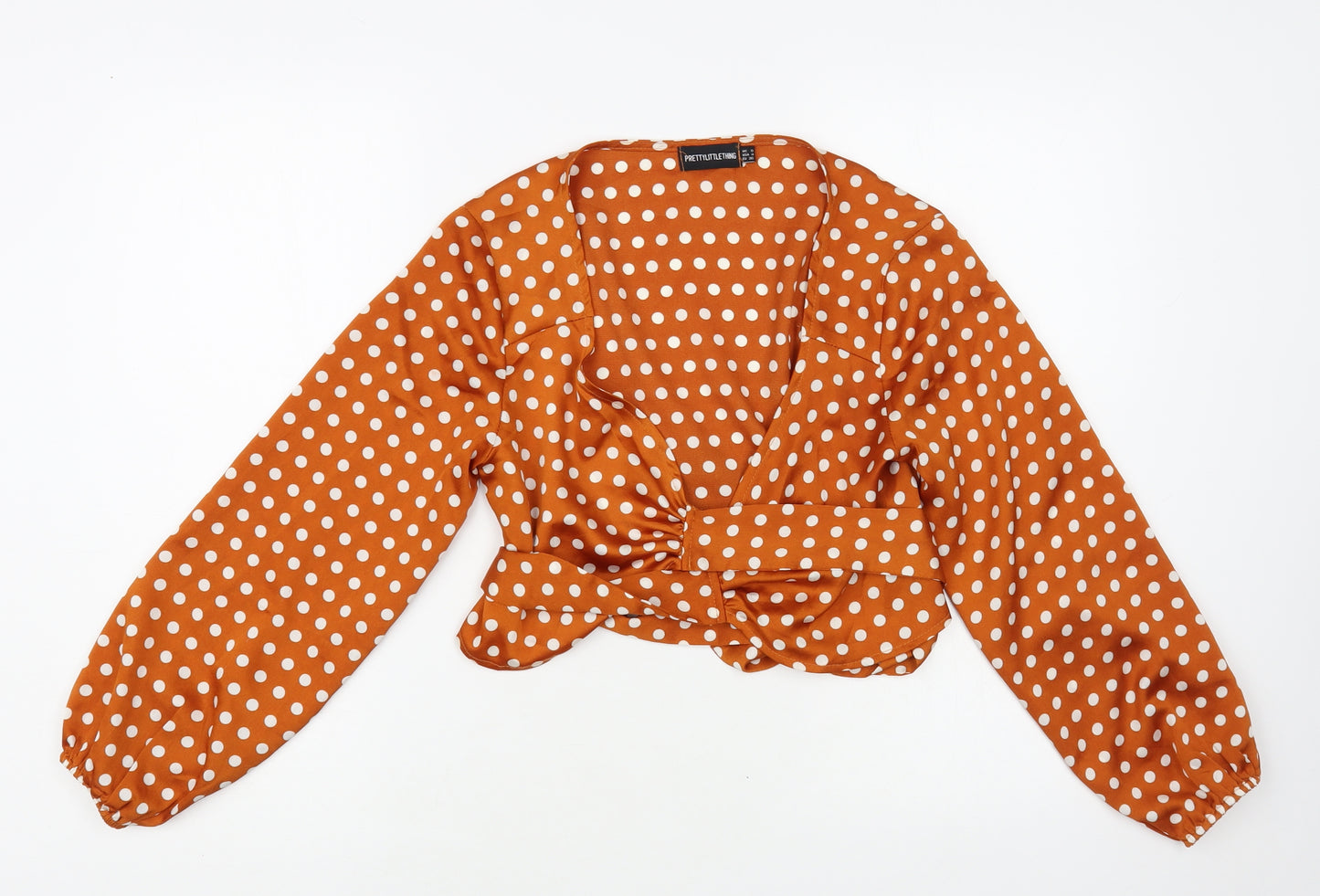 PRETTYLITTLETHING Womens Brown Polka Dot Polyester Wrap Blouse Size 8 V-Neck