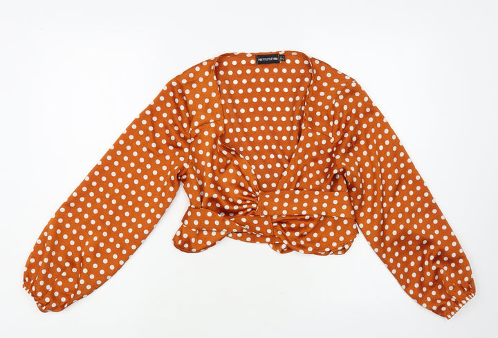 PRETTYLITTLETHING Womens Brown Polka Dot Polyester Wrap Blouse Size 8 V-Neck