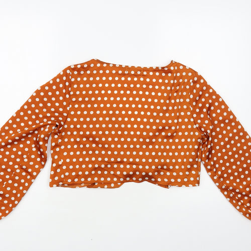 PRETTYLITTLETHING Womens Brown Polka Dot Polyester Wrap Blouse Size 8 V-Neck
