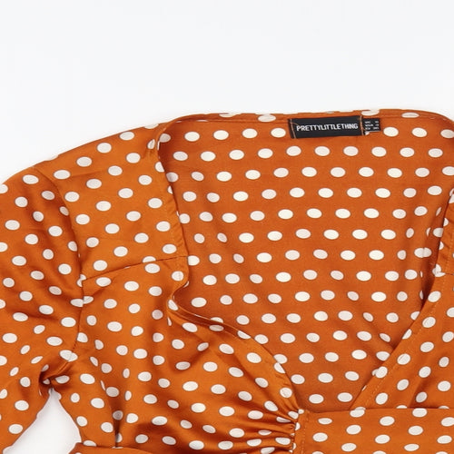 PRETTYLITTLETHING Womens Brown Polka Dot Polyester Wrap Blouse Size 8 V-Neck