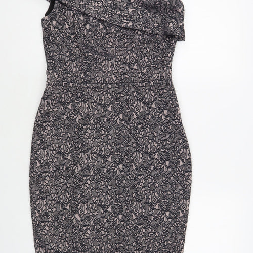 NEXT Womens Pink Floral Viscose Pencil Dress Size 8 One Shoulder Zip - Lace Overlay