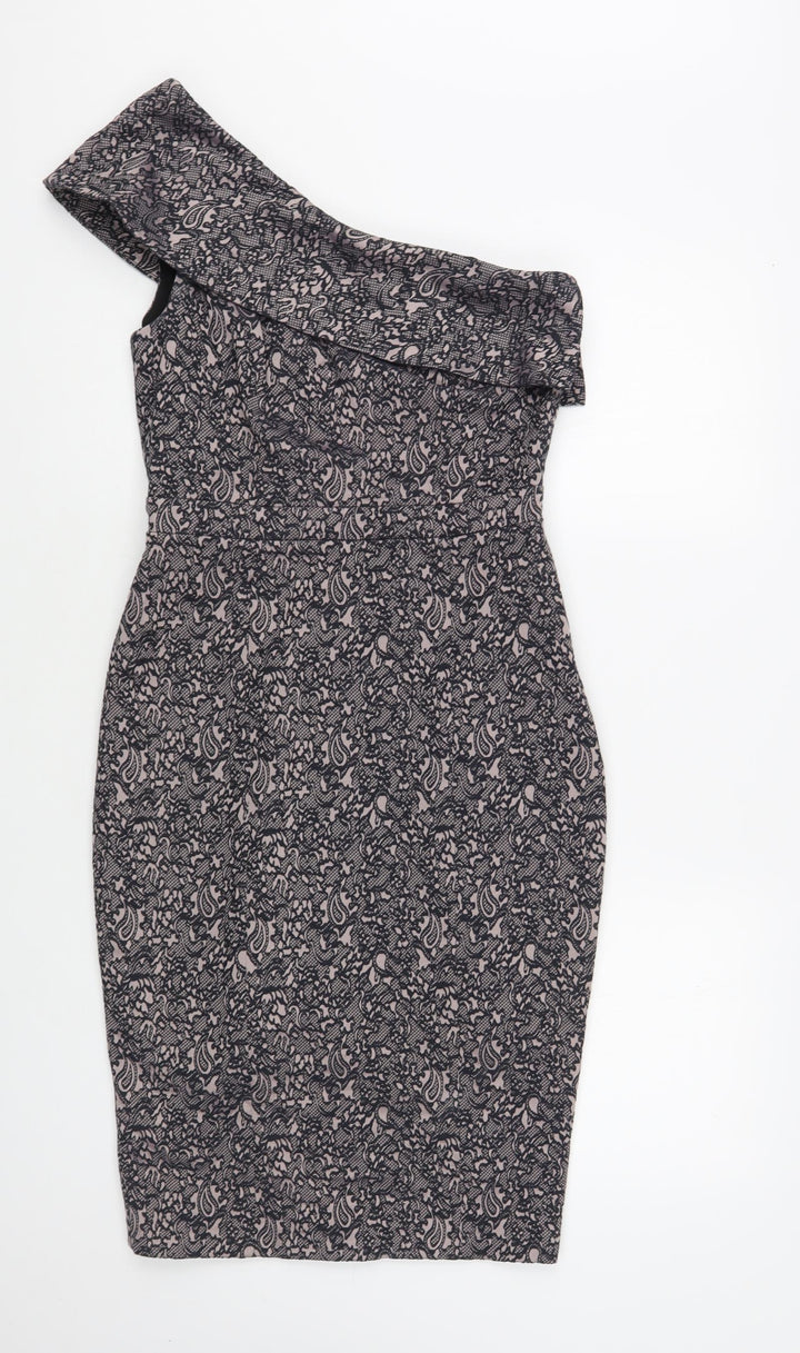 NEXT Womens Pink Floral Viscose Pencil Dress Size 8 One Shoulder Zip - Lace Overlay