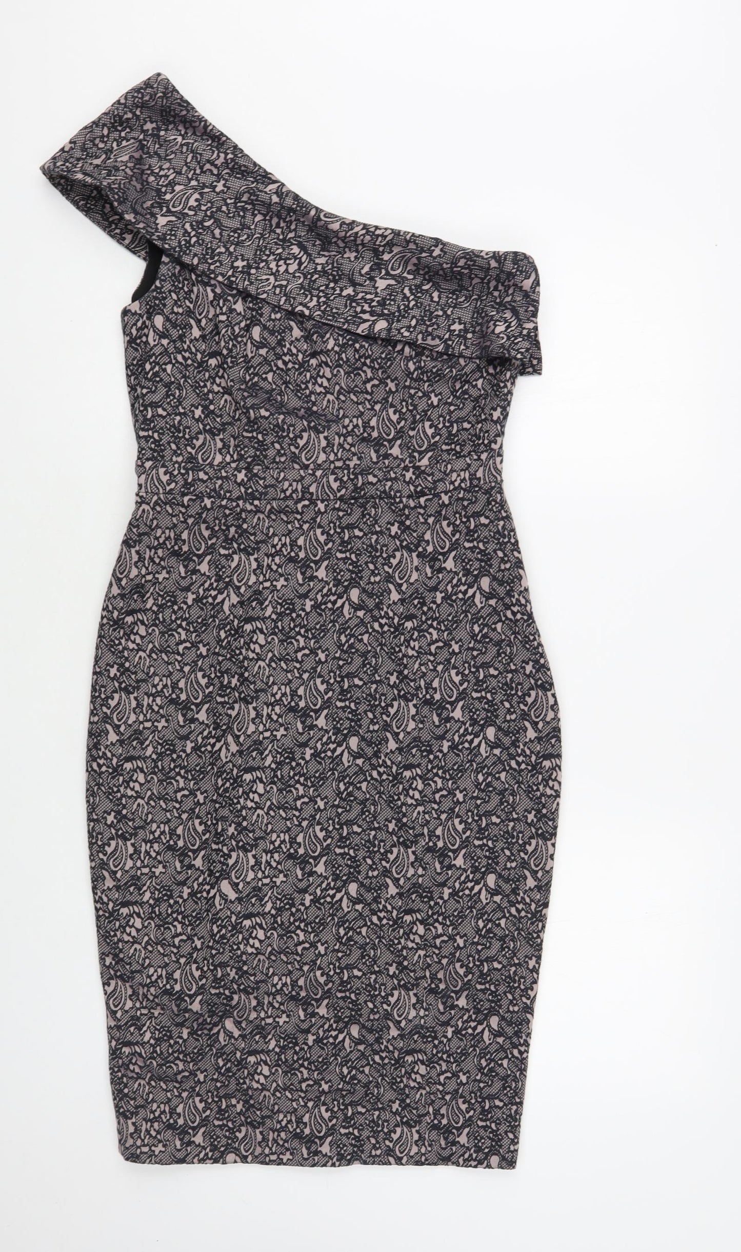 NEXT Womens Pink Floral Viscose Pencil Dress Size 8 One Shoulder Zip - Lace Overlay