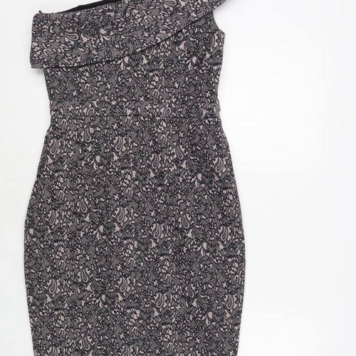 NEXT Womens Pink Floral Viscose Pencil Dress Size 8 One Shoulder Zip - Lace Overlay