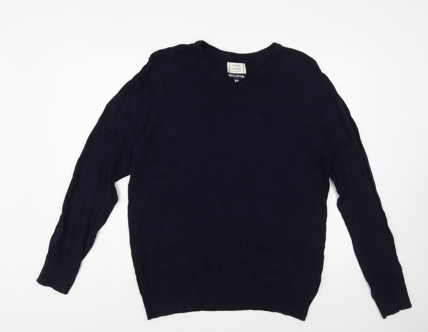 George Mens Blue V-Neck Cotton Pullover Jumper Size XL