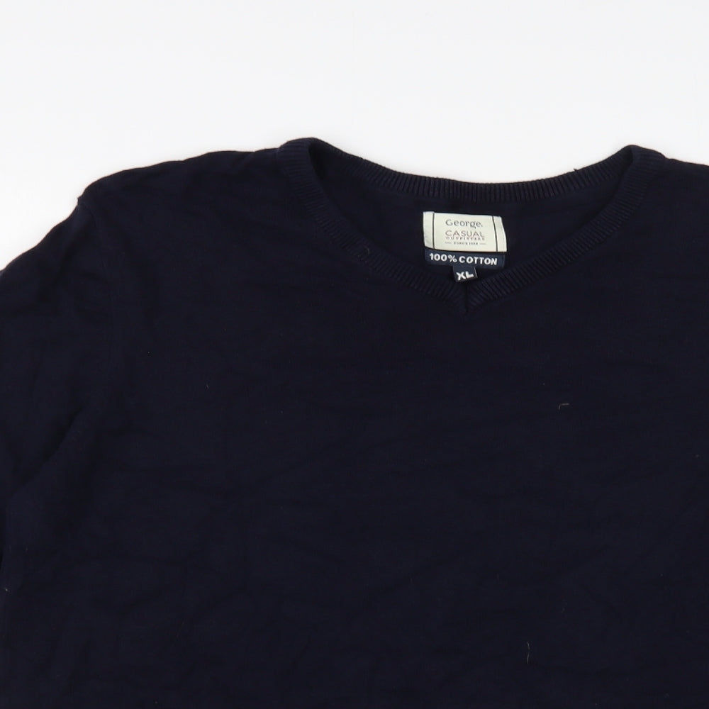 George Mens Blue V-Neck Cotton Pullover Jumper Size XL