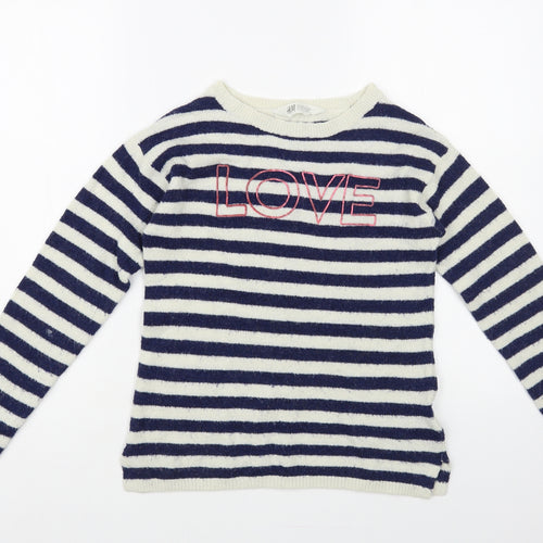 H&M Girls Ivory Crew Neck Striped Acrylic Pullover Jumper Size 10-11 Years Pullover - Love