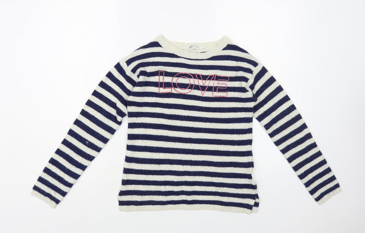H&M Girls Ivory Crew Neck Striped Acrylic Pullover Jumper Size 10-11 Years Pullover - Love
