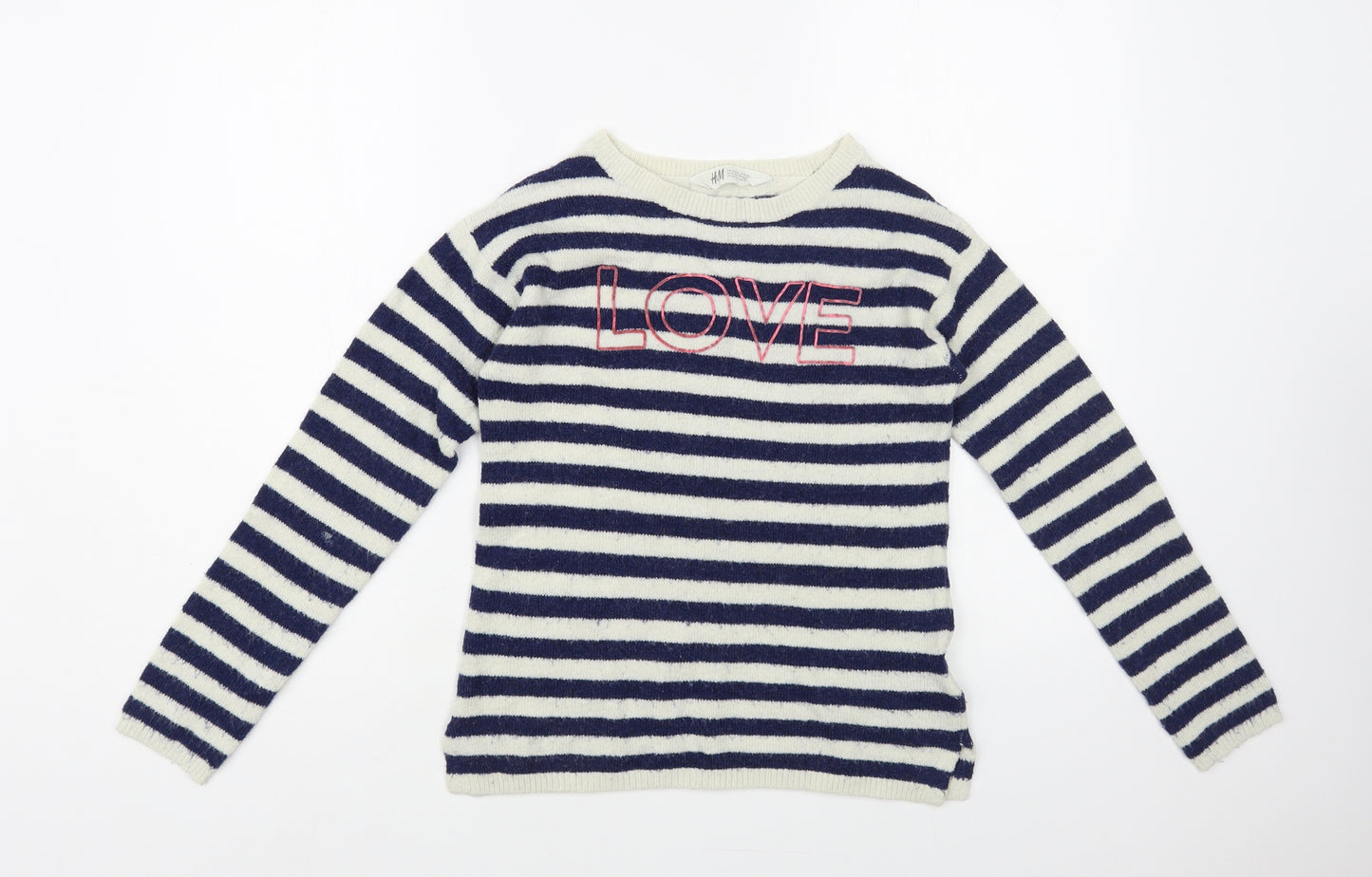 H&M Girls Ivory Crew Neck Striped Acrylic Pullover Jumper Size 10-11 Years Pullover - Love