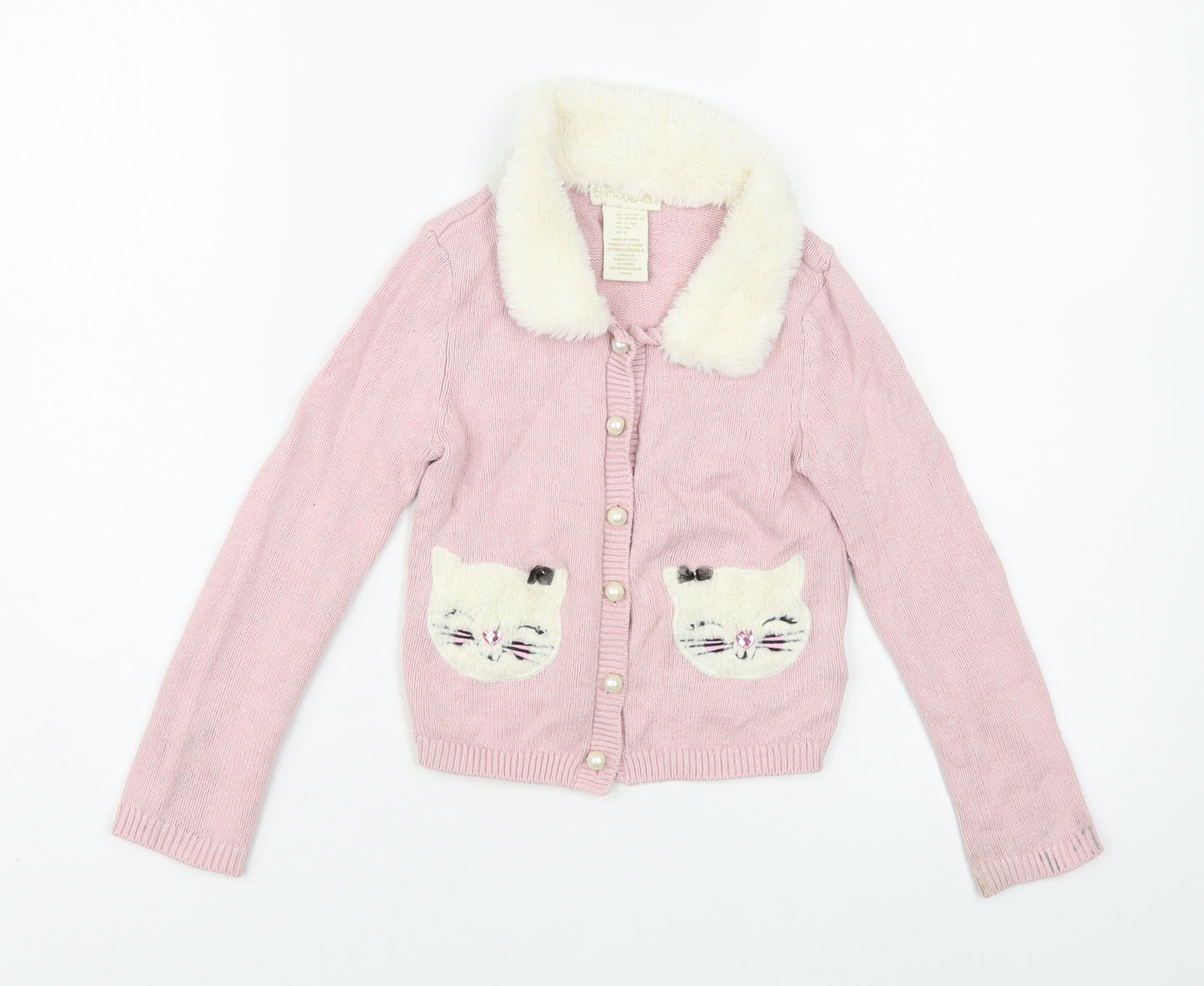 Cynthia Rowley Girls Pink Collared Cotton Cardigan Jumper Size 5-6 Years Button - Cats