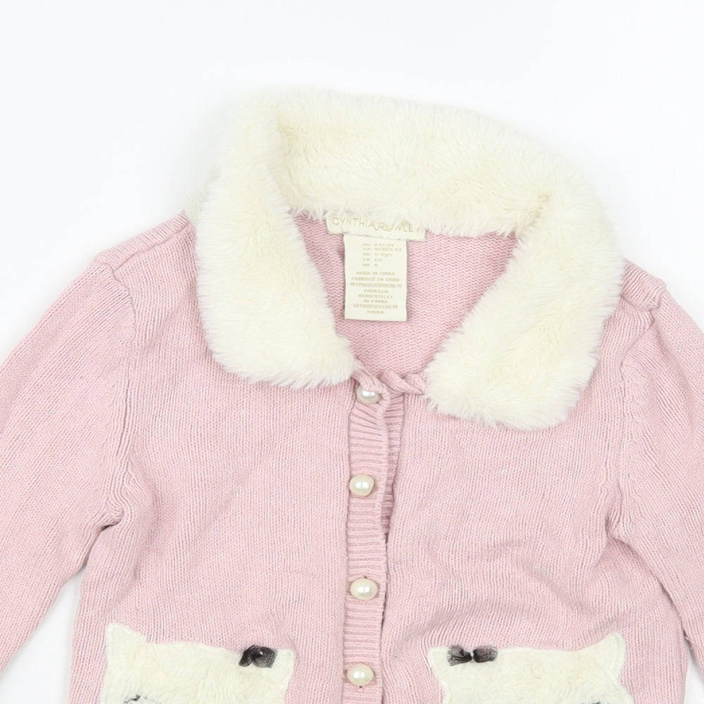 Cynthia Rowley Girls Pink Collared Cotton Cardigan Jumper Size 5-6 Years Button - Cats