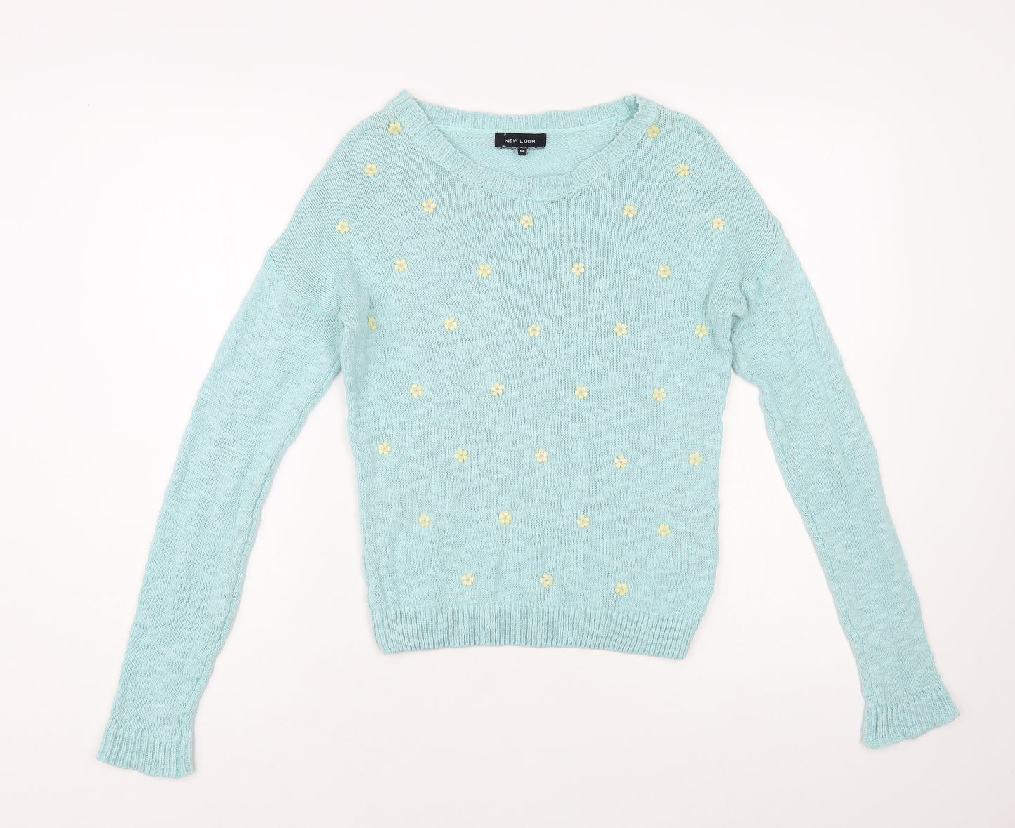 New Look Womens Blue Boat Neck Floral Cotton Pullover Jumper Size 10