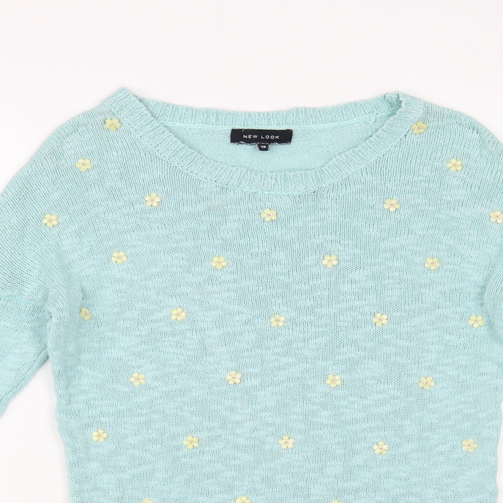 New Look Womens Blue Boat Neck Floral Cotton Pullover Jumper Size 10