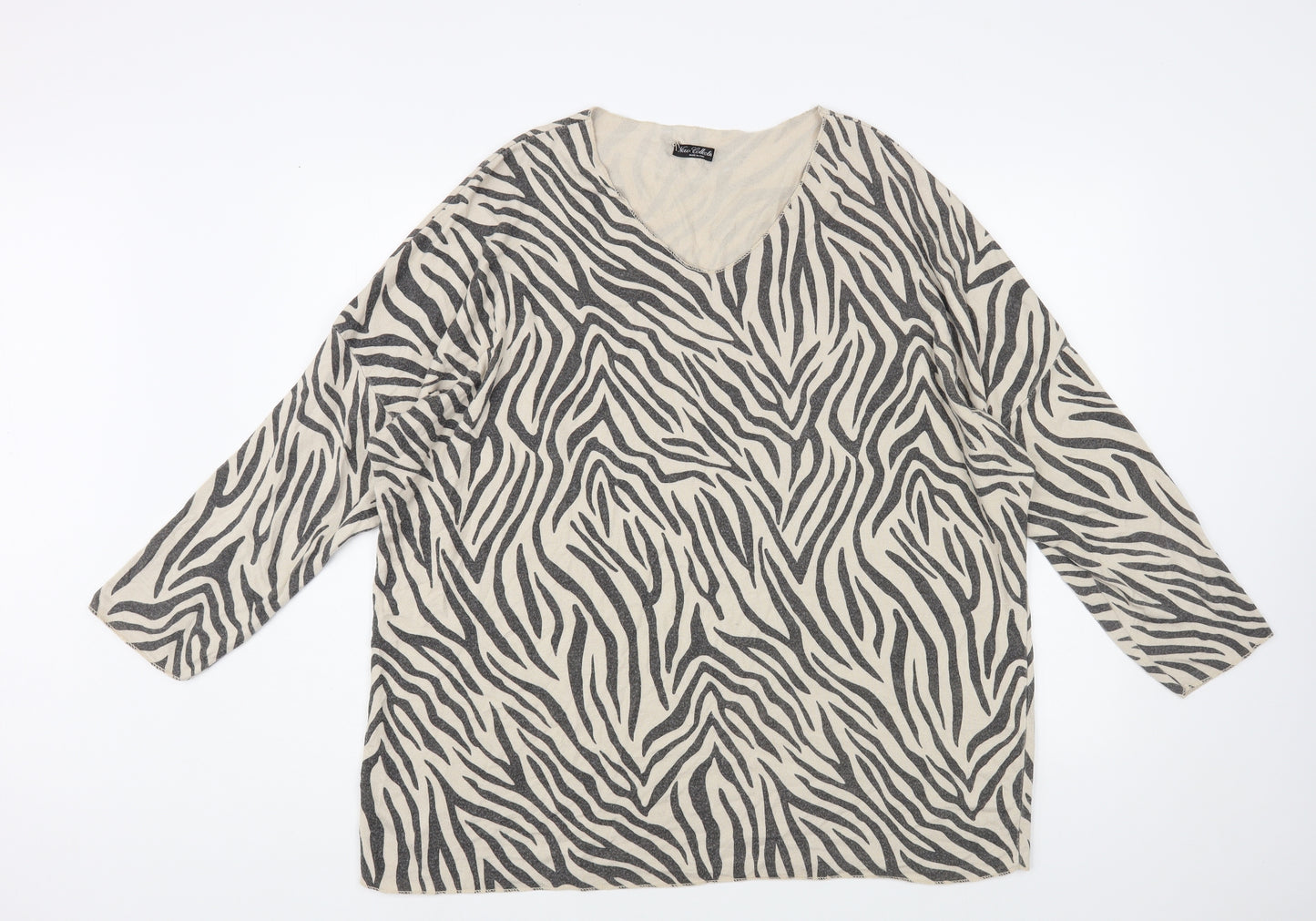 New Collection Womens Beige V-Neck Animal Print Viscose Pullover Jumper Size XL