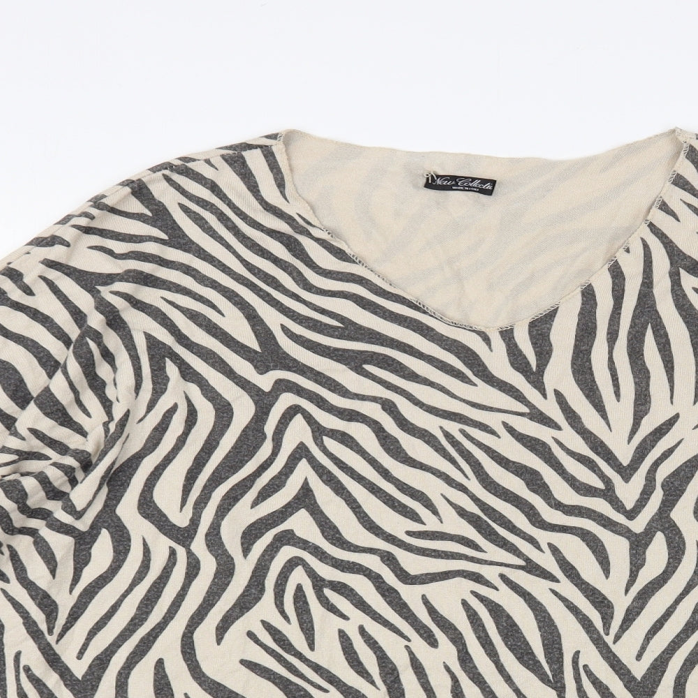 New Collection Womens Beige V-Neck Animal Print Viscose Pullover Jumper Size XL