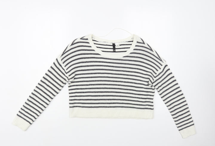 H&M Womens White Boat Neck Striped Acrylic Pullover Jumper Size 6