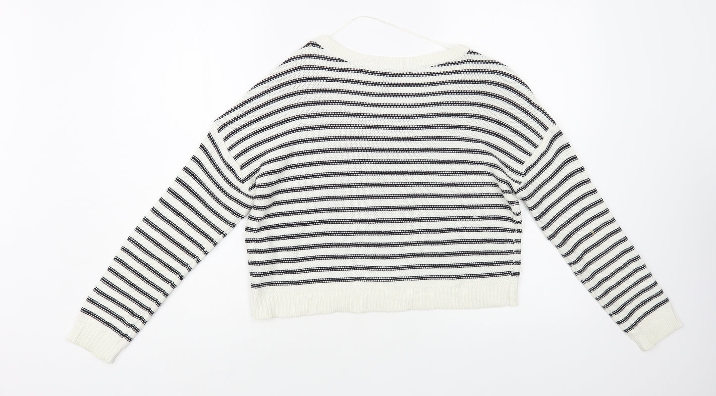 H&M Womens White Boat Neck Striped Acrylic Pullover Jumper Size 6