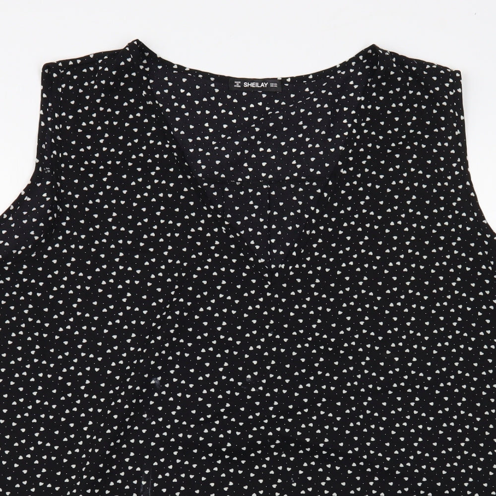 Sheilay Womens Black Geometric Polyester Basic Blouse Size 3XL V-Neck - Heart pattern