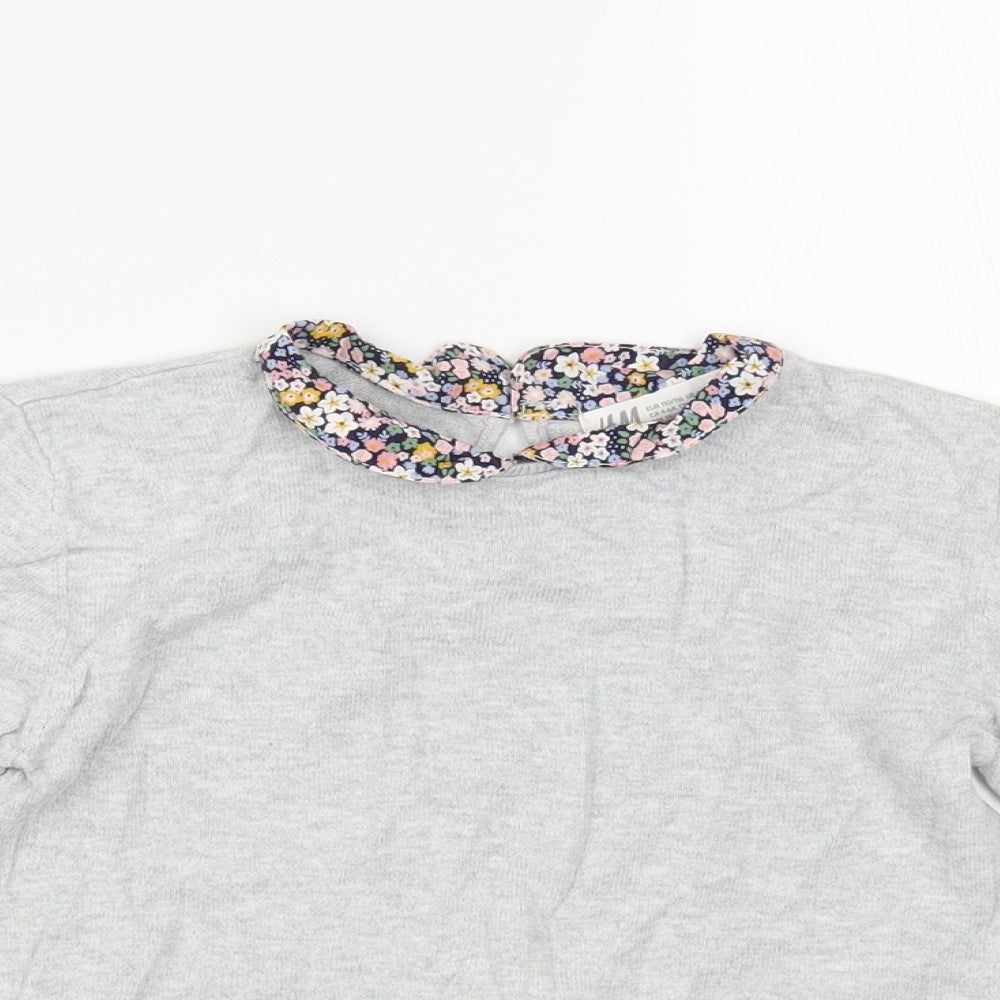 H&M Girls Grey Collared Floral Cotton Pullover Jumper Size 4-5 Years Button