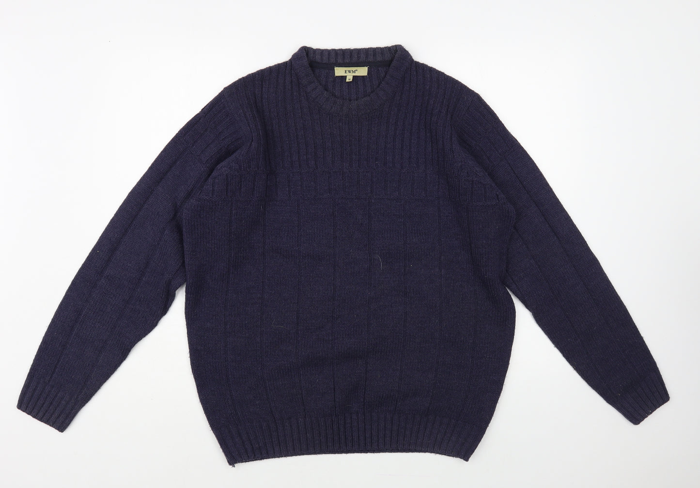 EWM Mens Blue Crew Neck Acrylic Pullover Jumper Size M