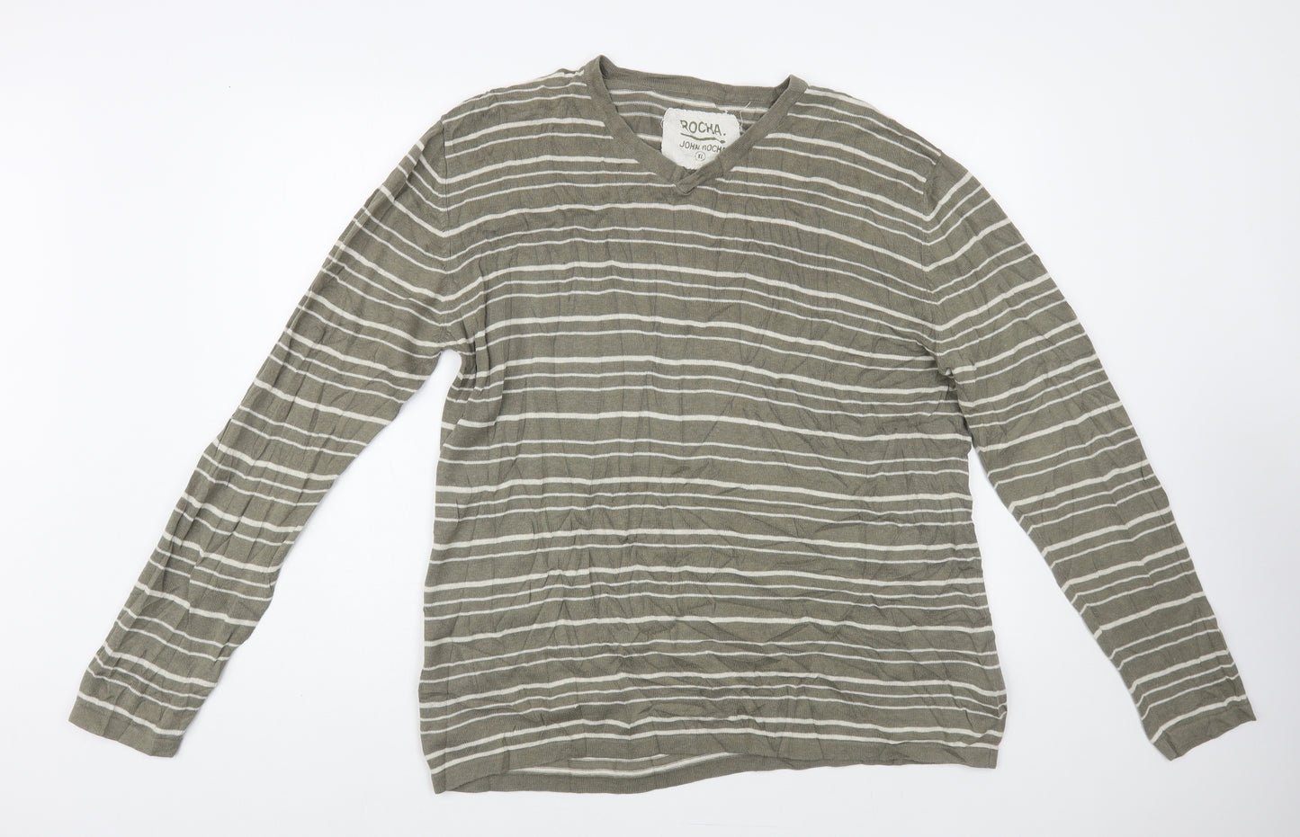RJR.John Rocha Mens Green V-Neck Striped Linen Pullover Jumper Size XL