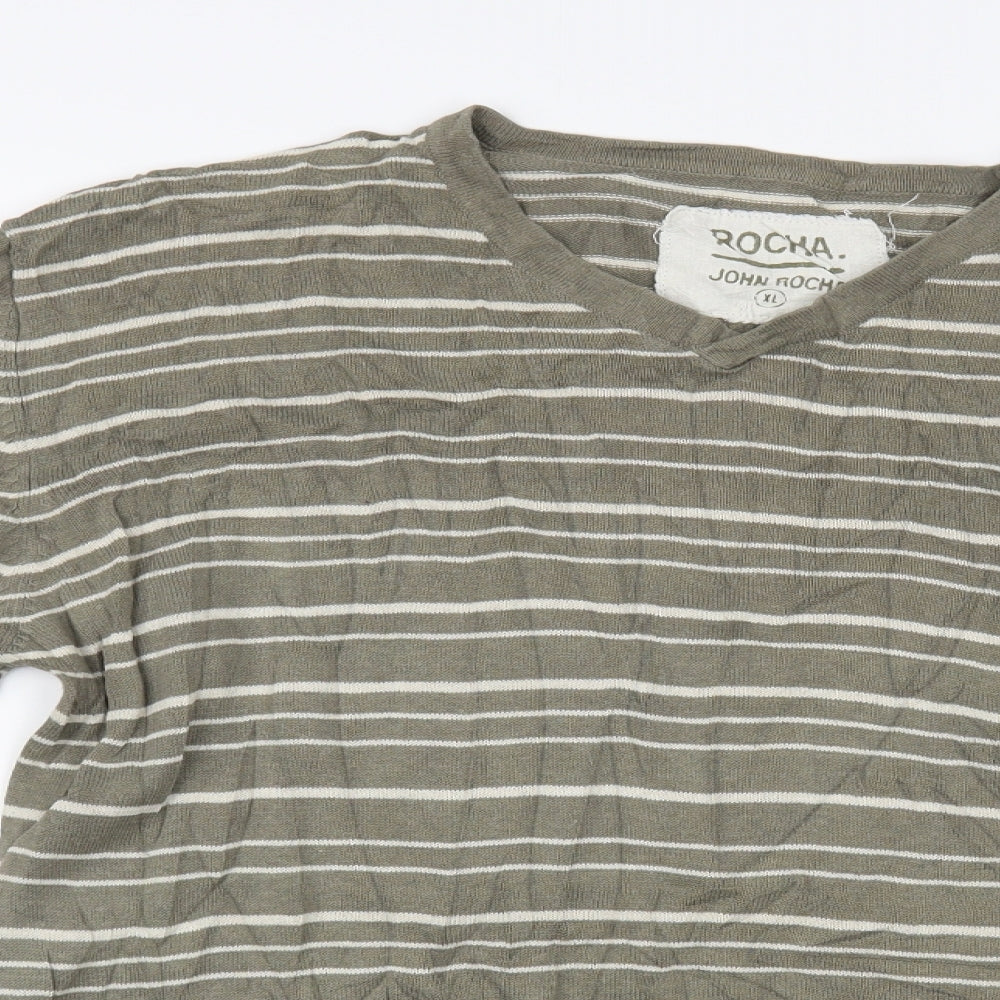 RJR.John Rocha Mens Green V-Neck Striped Linen Pullover Jumper Size XL