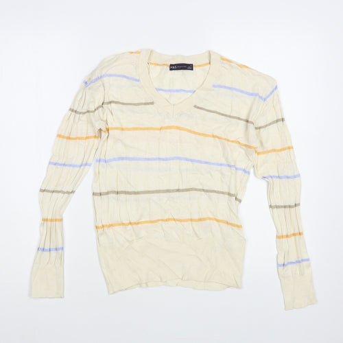 Marks and Spencer Womens Ivory V-Neck Striped Viscose Pullover Jumper Size S