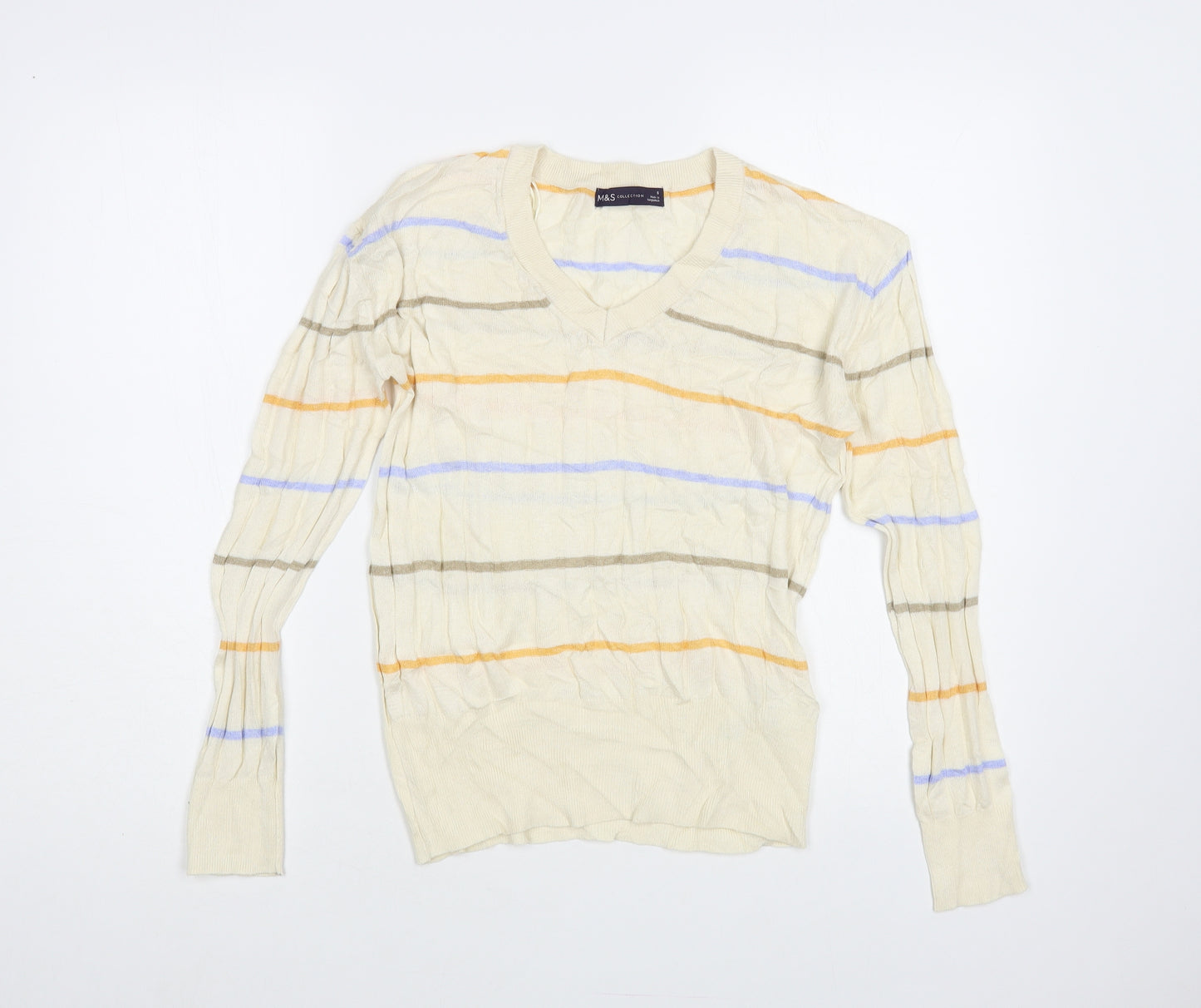 Marks and Spencer Womens Ivory V-Neck Striped Viscose Pullover Jumper Size S
