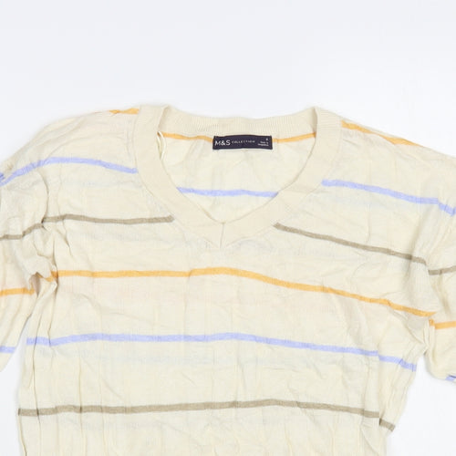 Marks and Spencer Womens Ivory V-Neck Striped Viscose Pullover Jumper Size S