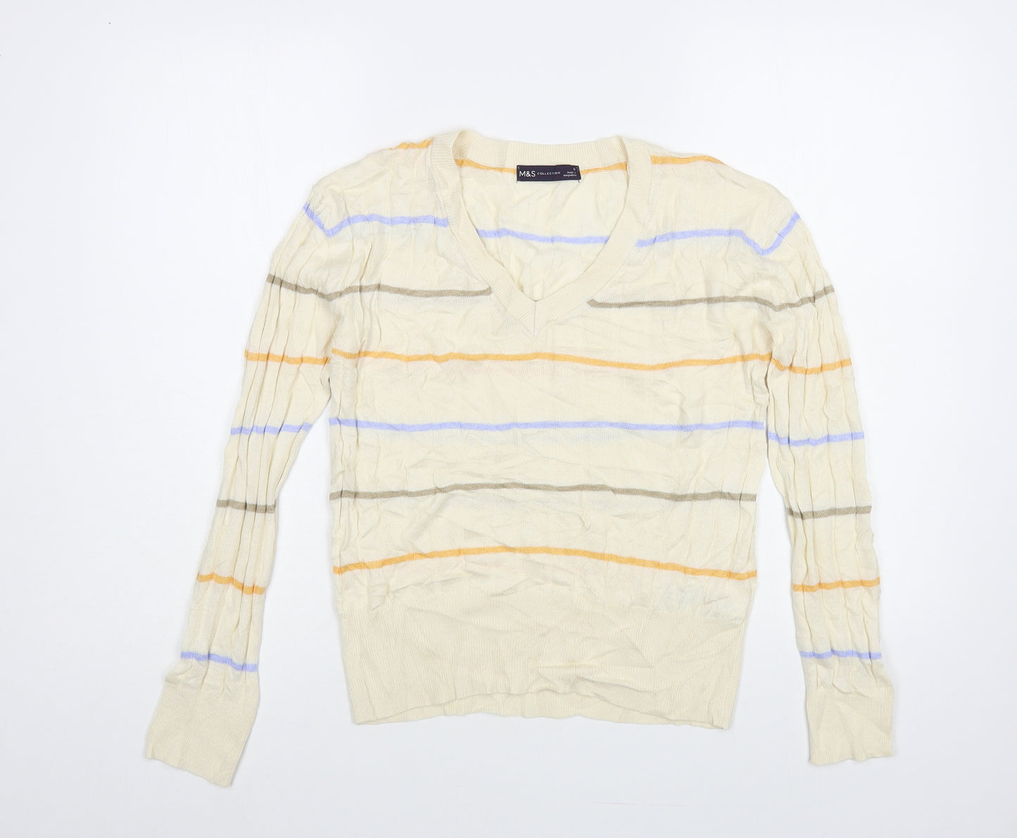 Marks and Spencer Womens Ivory V-Neck Striped Viscose Pullover Jumper Size S