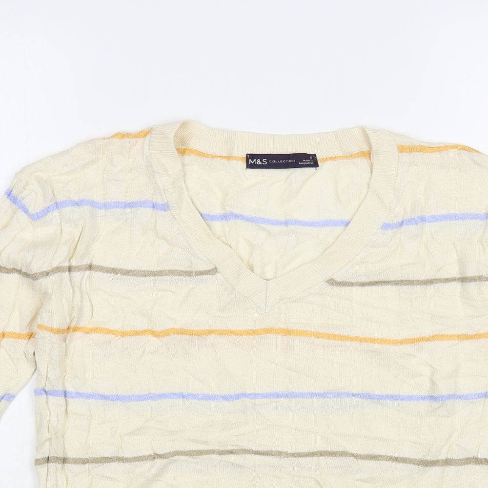 Marks and Spencer Womens Ivory V-Neck Striped Viscose Pullover Jumper Size S
