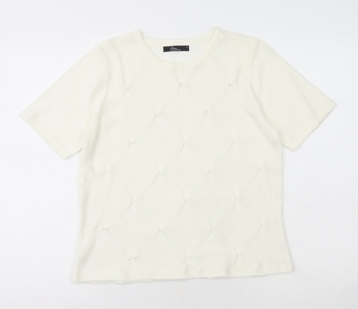 Bm Collection Womens Ivory Acrylic Basic T-Shirt Size S Scoop Neck