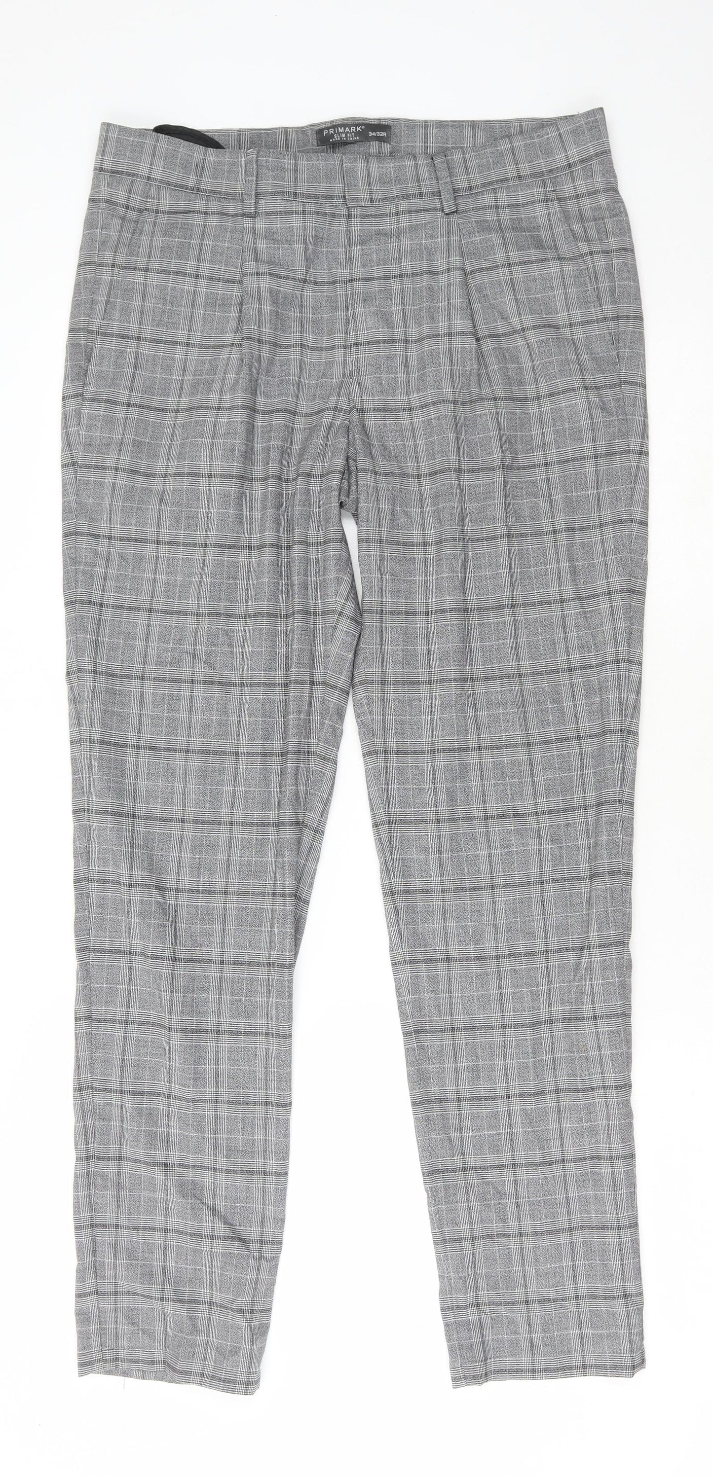 Primark Mens Grey Plaid Polyester Trousers Size 34 in L32 in Regular