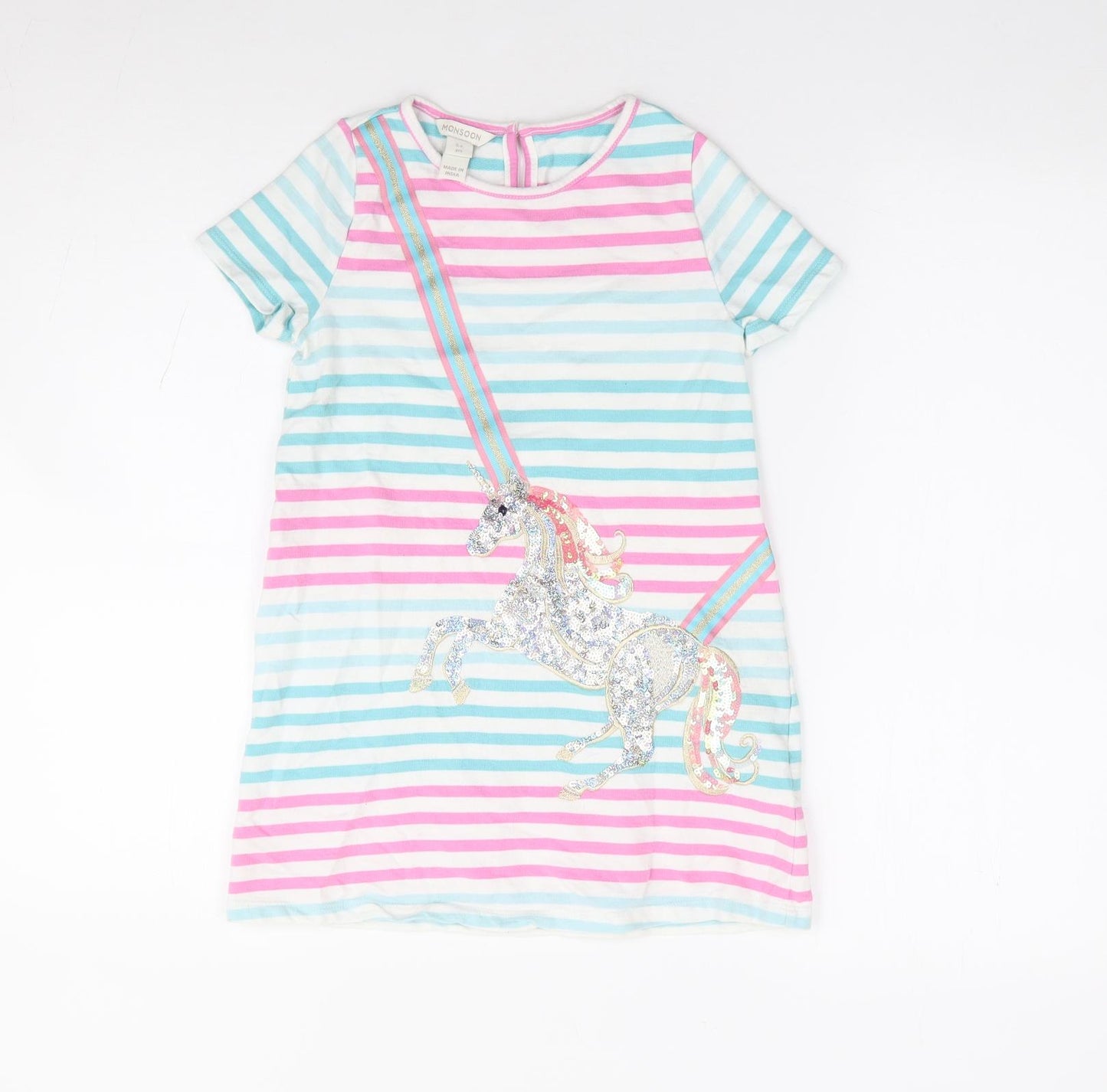 Monsoon Girls Multicoloured Striped 100% Cotton A-Line Size 5-6 Years Crew Neck Pullover - Unicorn