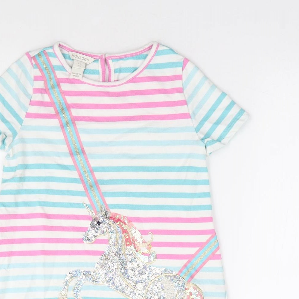 Monsoon Girls Multicoloured Striped 100% Cotton A-Line Size 5-6 Years Crew Neck Pullover - Unicorn