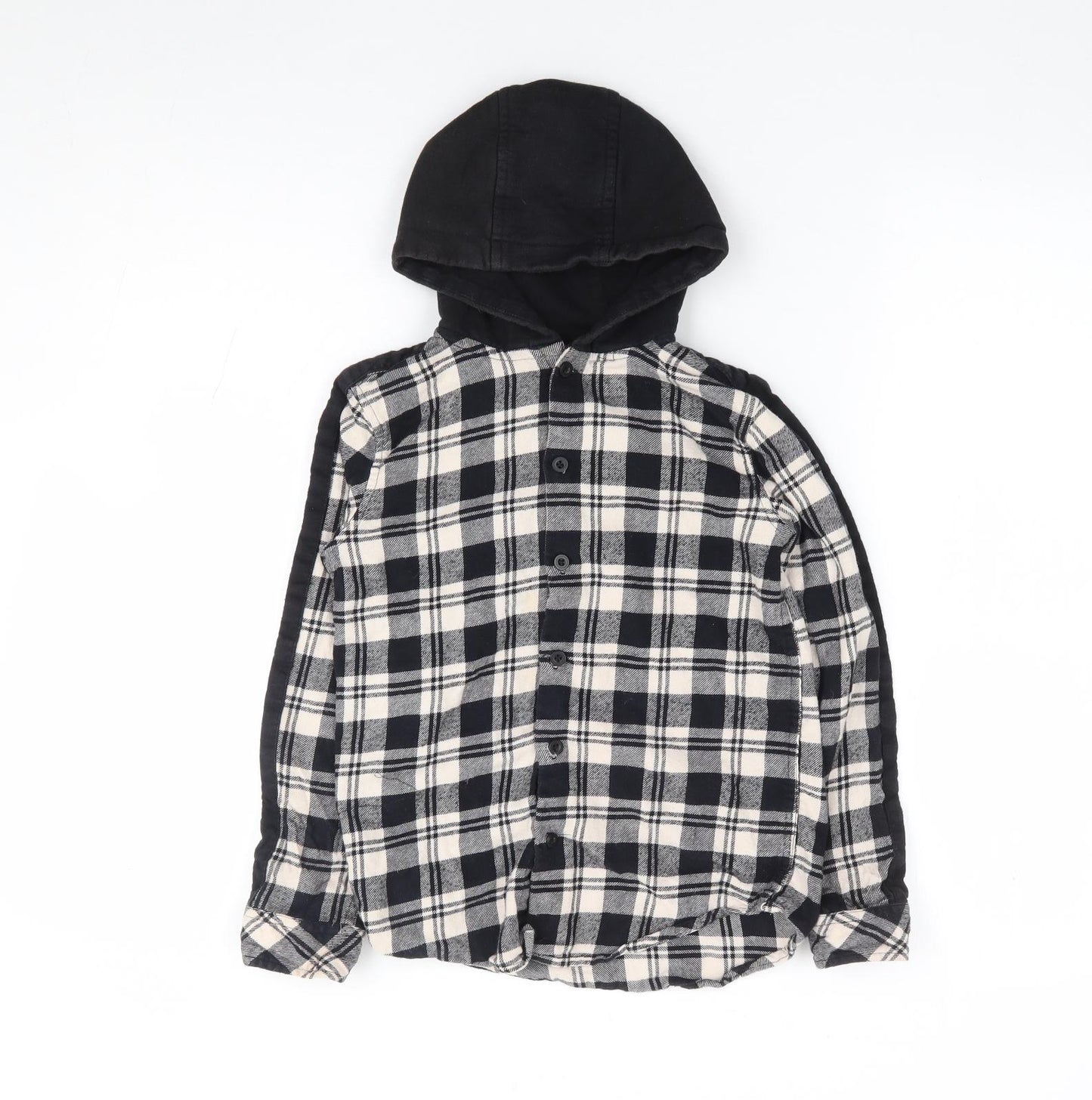 M&Co Kids Boys Black Plaid 100% Cotton Jersey Button-Up Size 8-9 Years Crew Neck Button