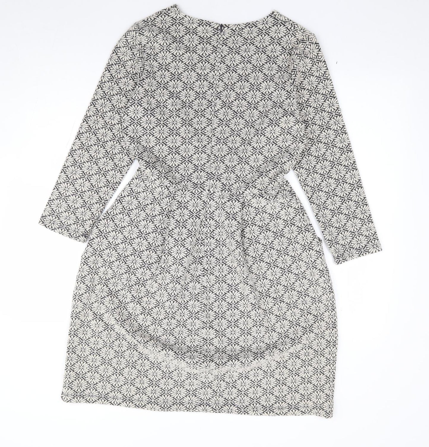 Hobbs Womens Ivory Geometric Polyester Fit & Flare Size 10 Round Neck Zip