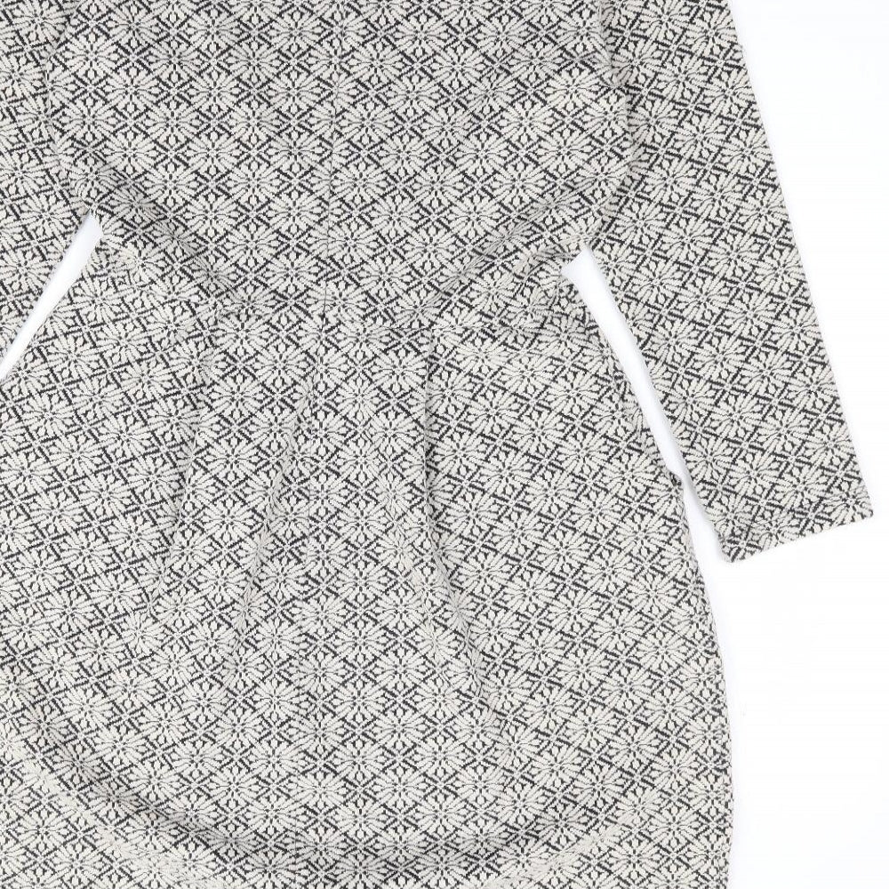 Hobbs Womens Ivory Geometric Polyester Fit & Flare Size 10 Round Neck Zip