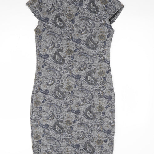 Izabel London Womens Grey Paisley Polyester Pencil Dress Size 10 Round Neck Zip