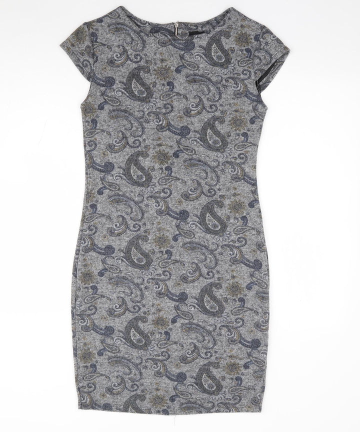 Izabel London Womens Grey Paisley Polyester Pencil Dress Size 10 Round Neck Zip