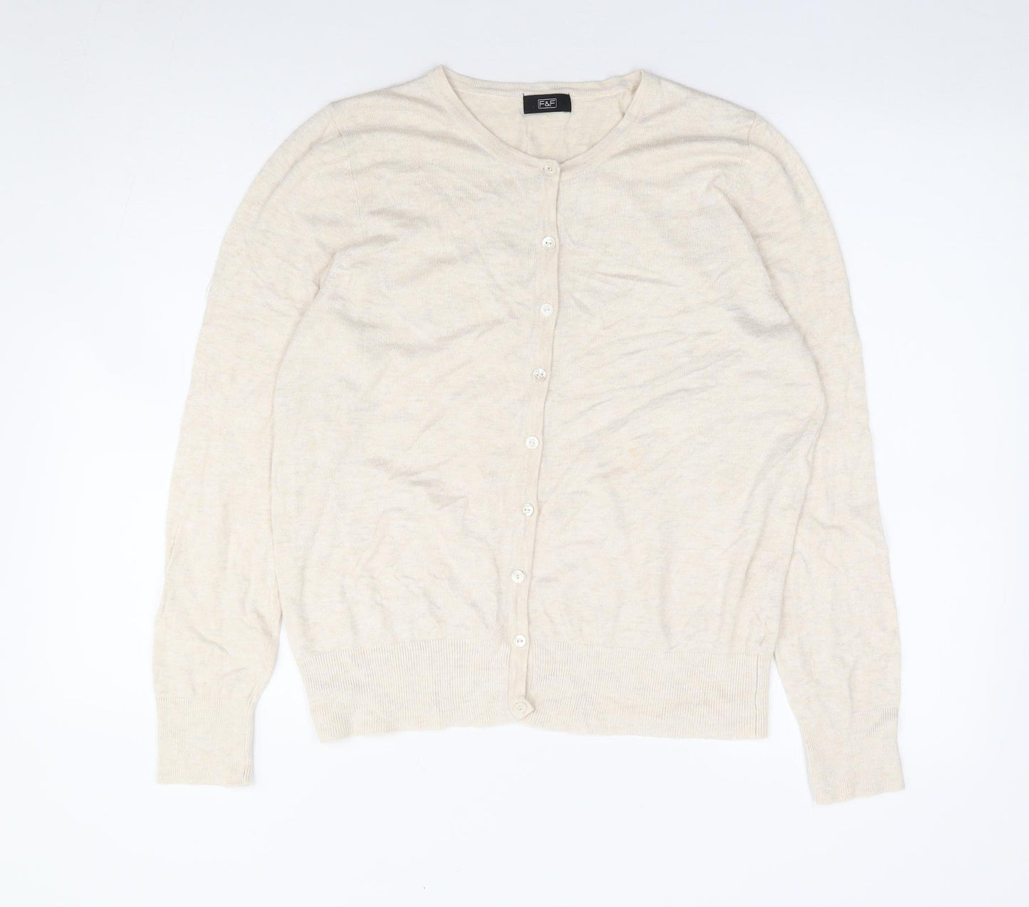 F&F Womens Beige Crew Neck Polyester Cardigan Jumper Size M
