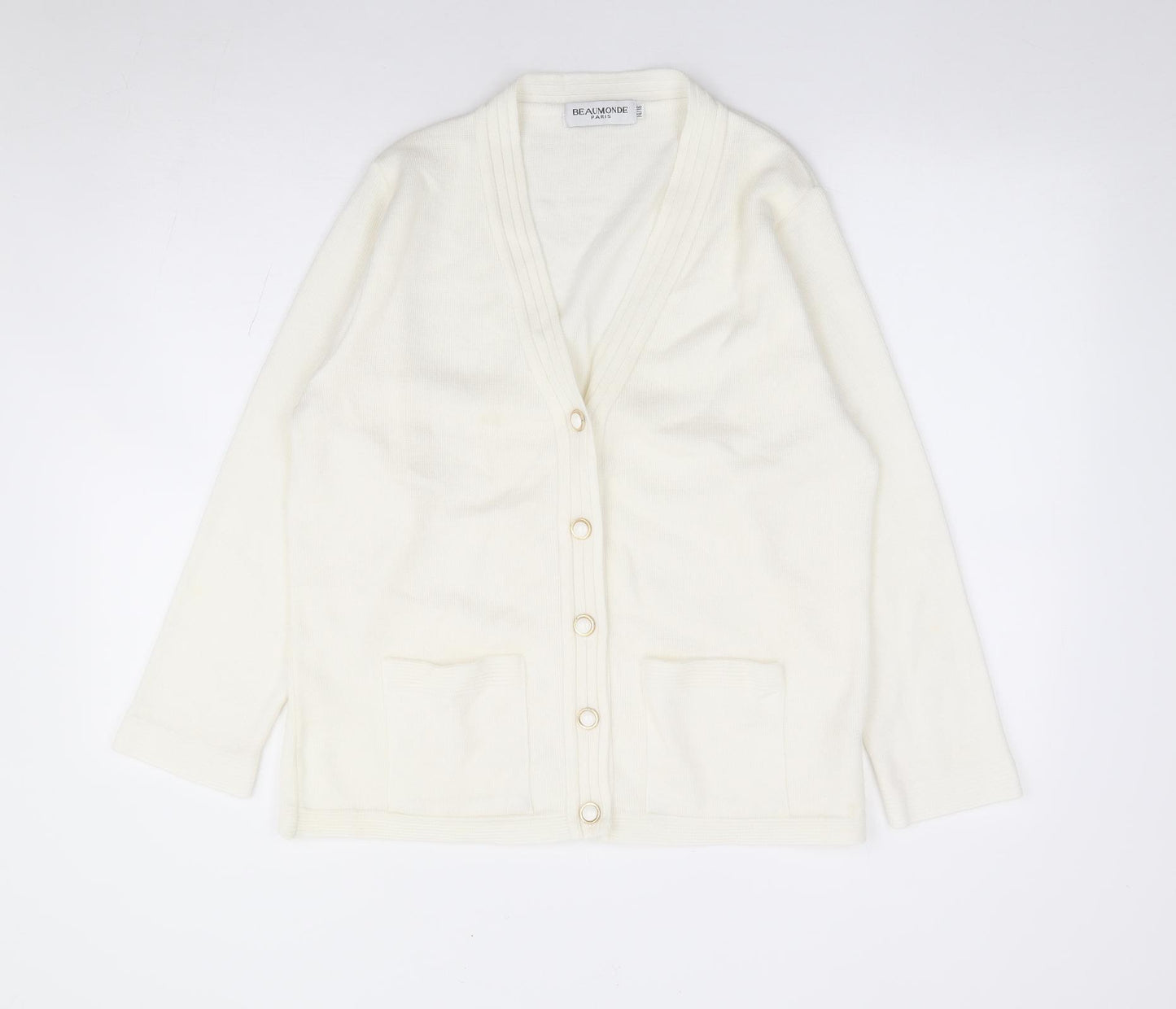 Beaumonde Paris Womens Ivory V-Neck Acrylic Cardigan Jumper Size 14