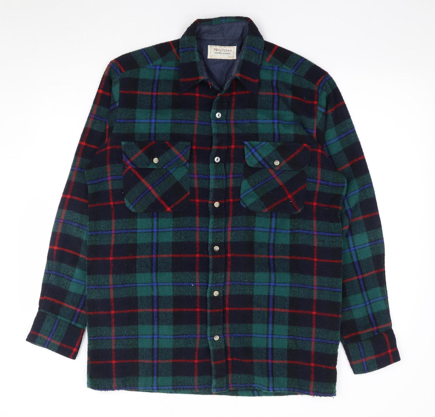 Magellan Mens Green Plaid Acrylic Button-Up Size M Collared Button