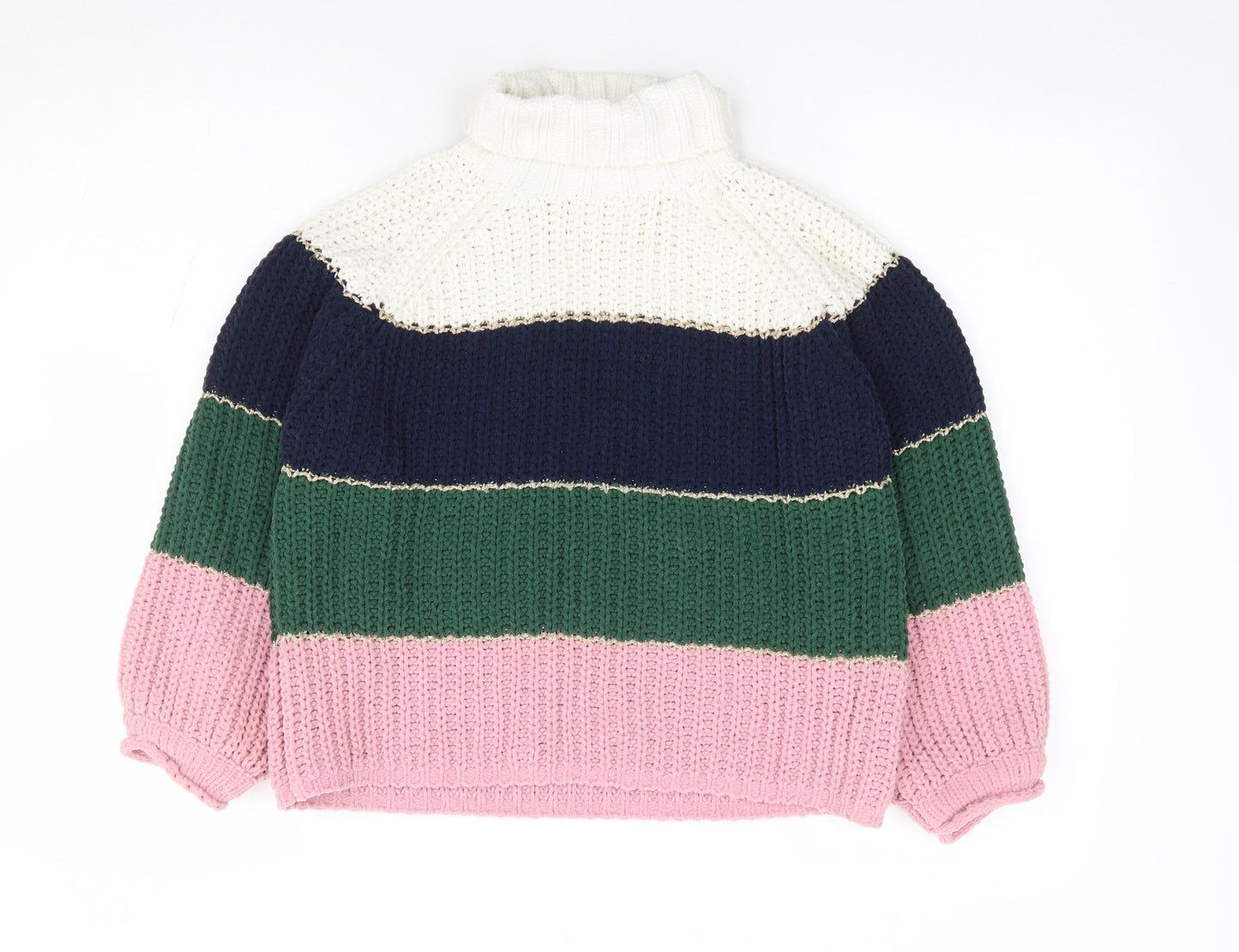 Marks and Spencer Girls Multicoloured Roll Neck Striped Polyester Pullover Jumper Size 8-9 Years Pullover