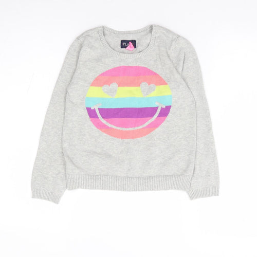 Place Girls Grey Crew Neck Polyester Pullover Jumper Size 7-8 Years Pullover - Rainbow