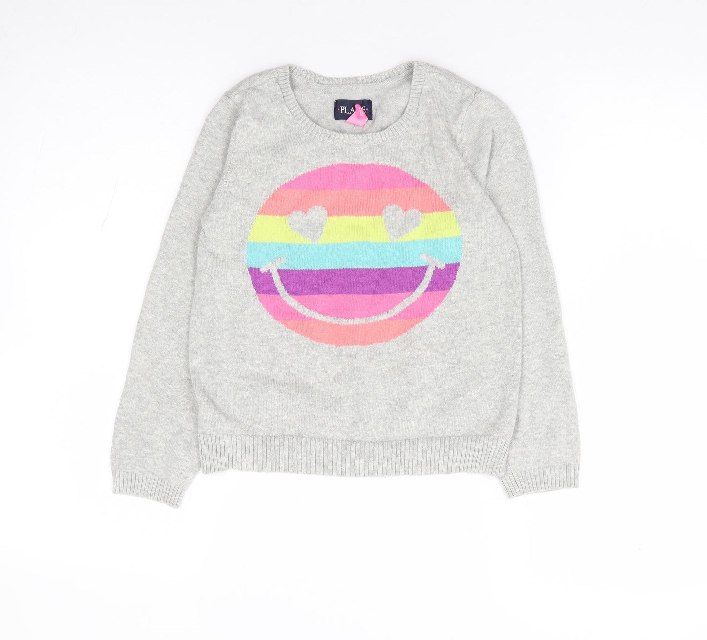 Place Girls Grey Crew Neck Polyester Pullover Jumper Size 7-8 Years Pullover - Rainbow