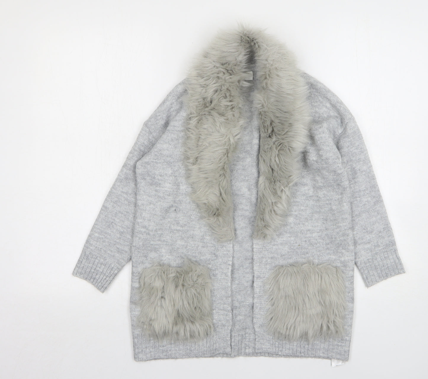 F&F Girls Grey V-Neck Acetate Cardigan Jumper Size 9-10 Years
