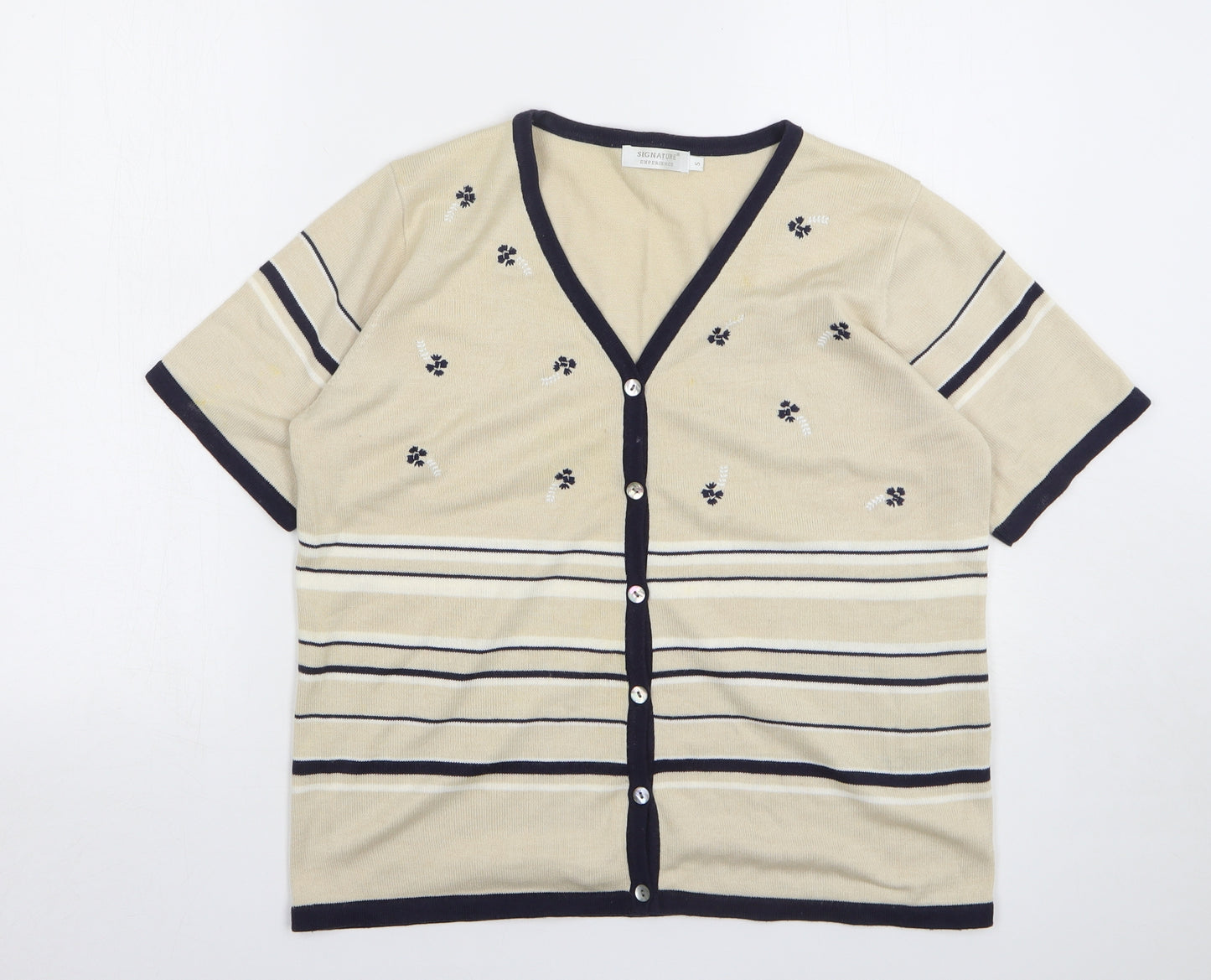 Signature Experience Womens Beige V-Neck Striped Cotton Cardigan Jumper Size S