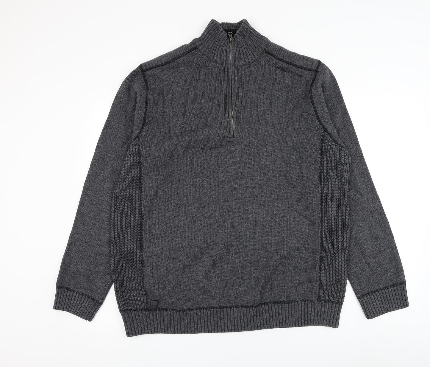 TU Mens Grey Mock Neck Cotton Henley Jumper Size L
